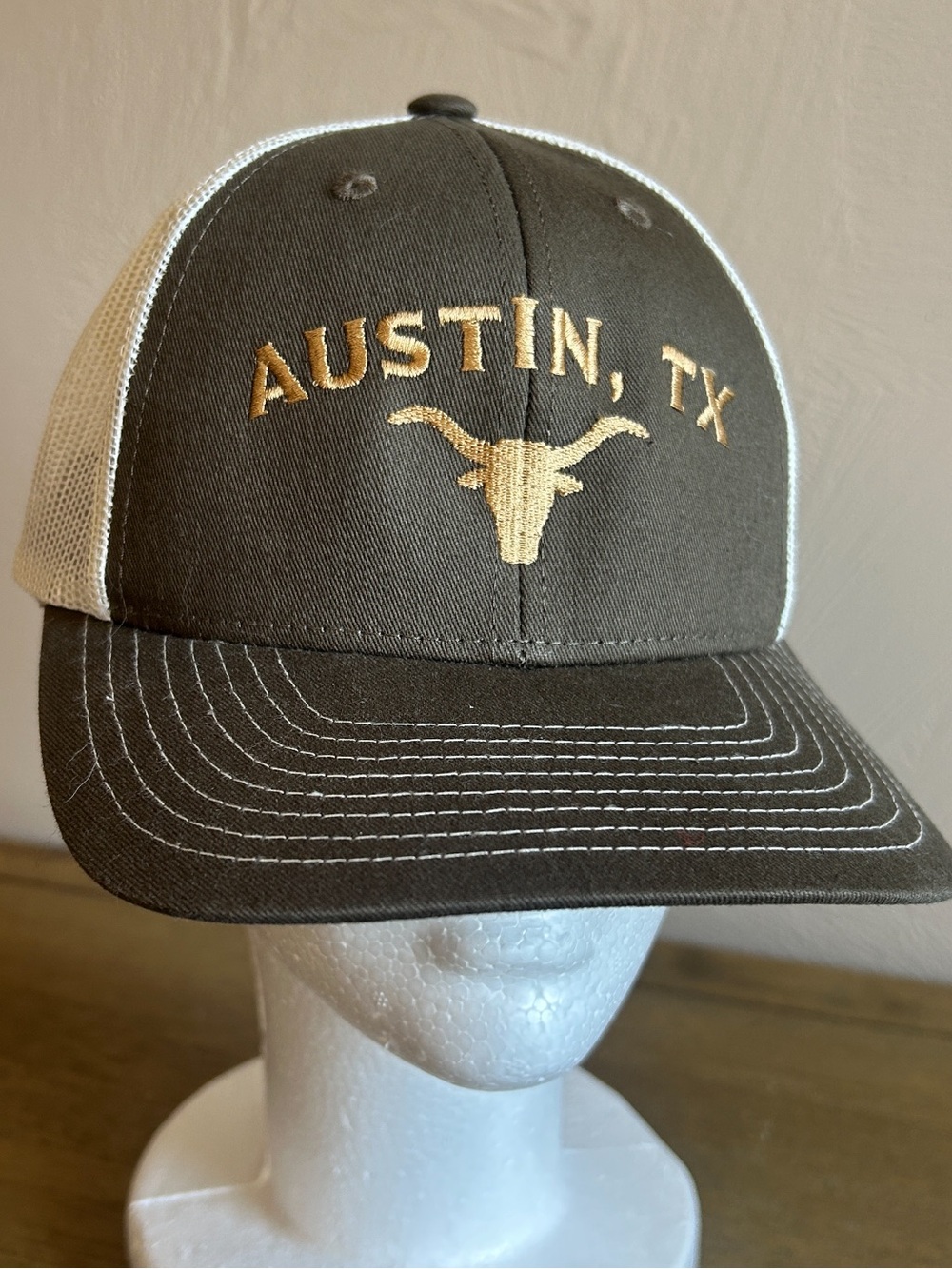 Vintage EMI Austin, TX Western Embroidered Longhorn Trucker Hat - Brown & Cream.